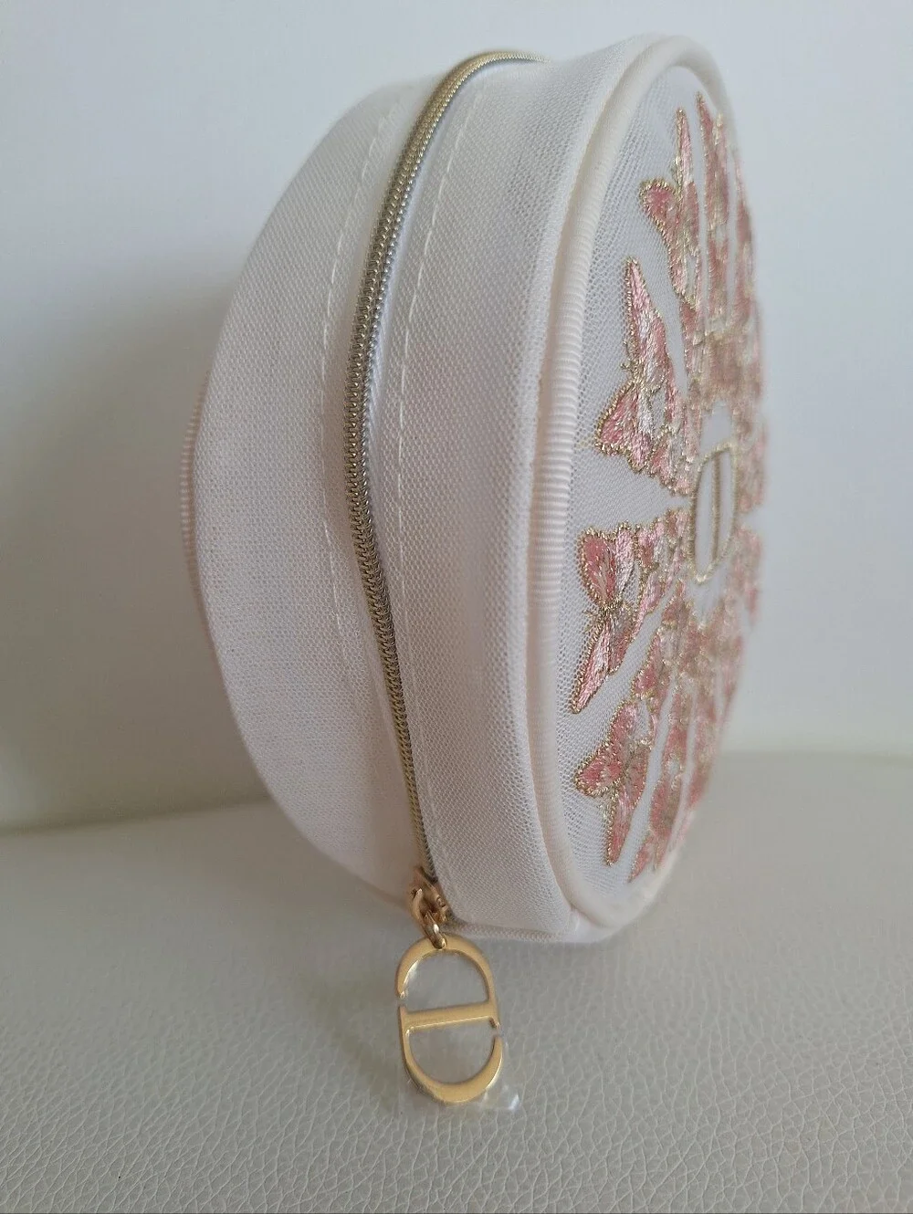 Dior Pink & Gold Butterfly Round Beauty Pouch NWOT
